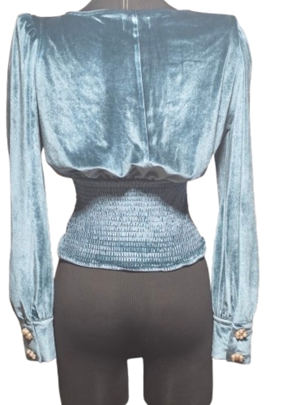 LPA Blue Velvet Smocked Top XS Puff Sleeve Pearl Button Cuffs Deep V Blouse image 2